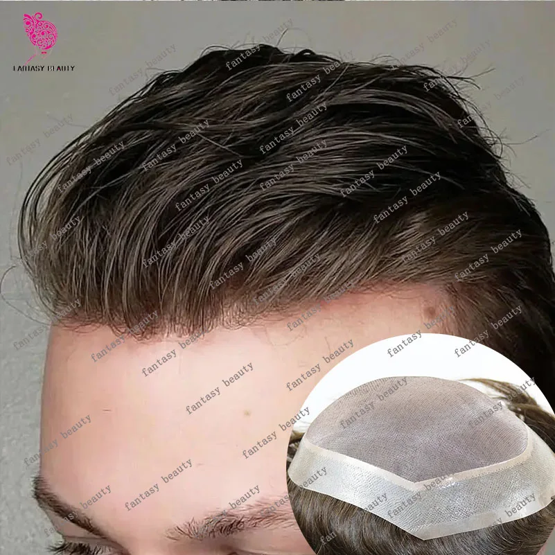 Durable Mens Toupee Wig Dark Brown Blonde Human Hair Mono Lace Top & Thin Skin Pu Hairpieces Male Prosthesis Replacement System