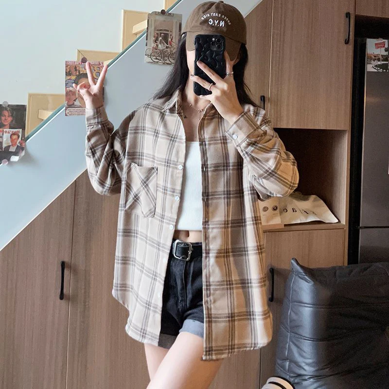 Zoki Harajuku Y2k Plaid Shirt Women Streetwear Loose Long Sleeve Vintage Blouse American Oversize Casual Bf Single Breasted Tops