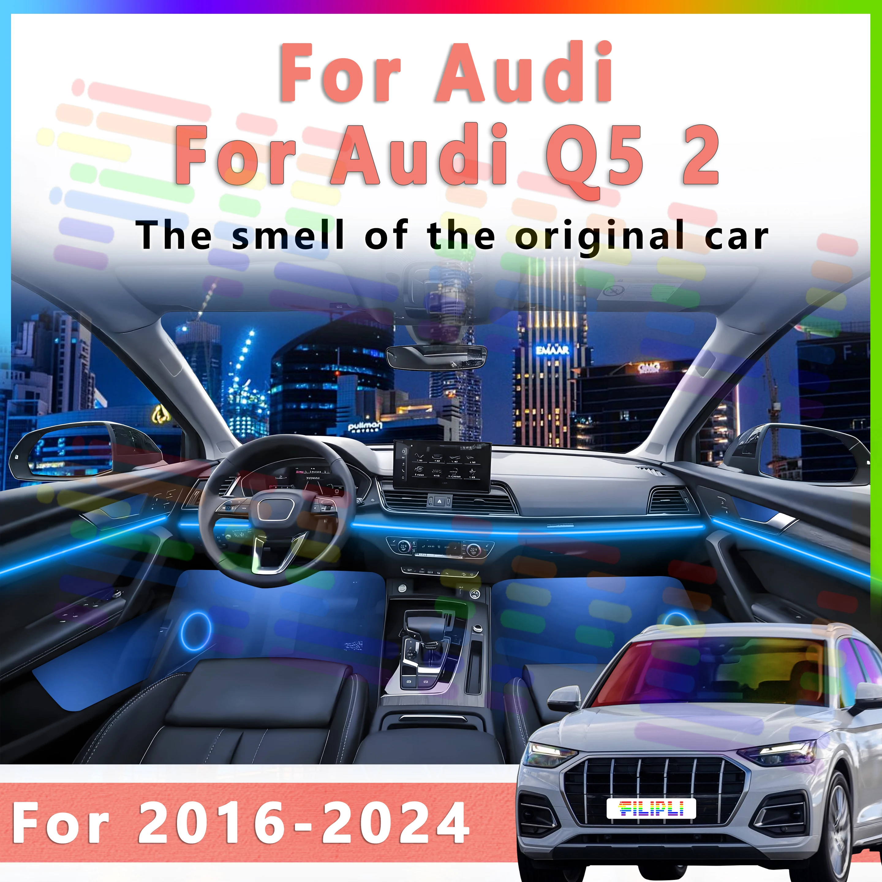 

Для Audi Q5 2016-2024: Светодиодная RGB-подсветка салона, оптоволоконная неоновая невидимая атмосферная лента, декоративная подсветка с управлением через приложение