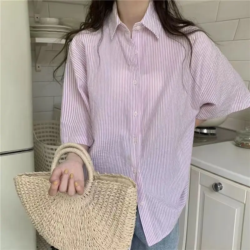 Rimocy Korean Blue Stripe Short Sleeve Shirt Women Summer Turn Down Collar Chic Blouse Woman Office Loose Button Up Shirts Mujer