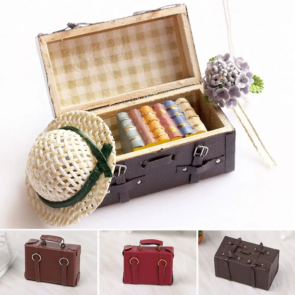 

1:12 Scale Play House Dolls Accessories Miniature Portable Trunk Vintage Wood Box Leather Luggage Mini Suitcase