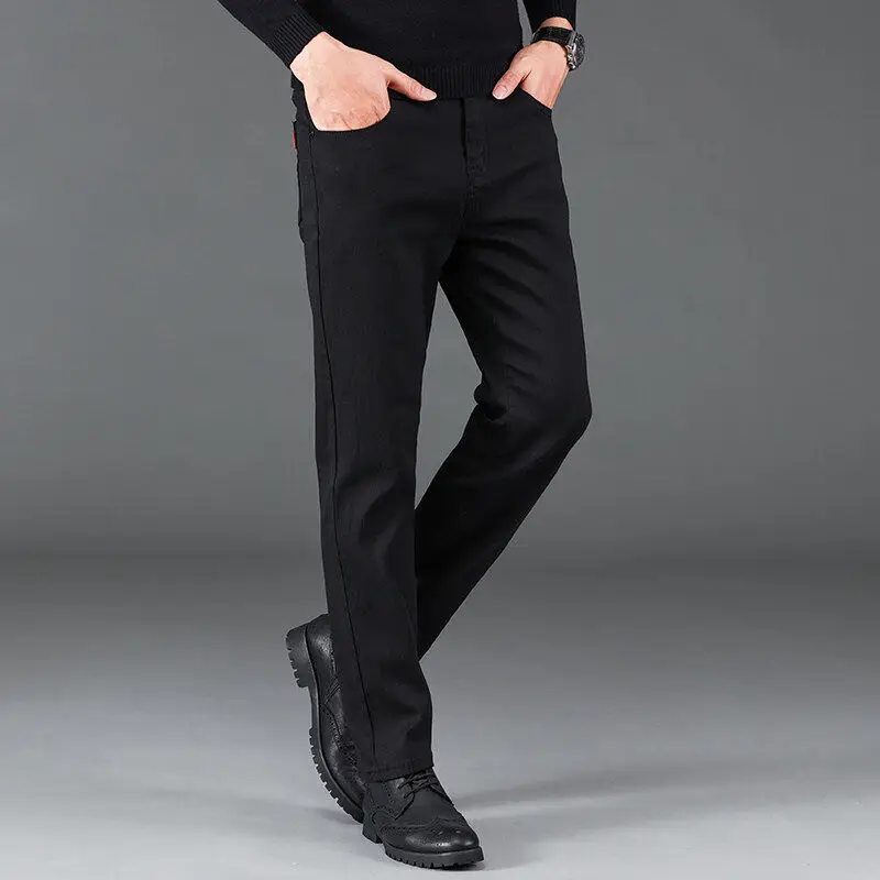 

Мужские джинсы из чистого эластичного денима, прямой крой, свободный крой, большие размеры, утягивающие, длинные брюки, модные, весна 2025