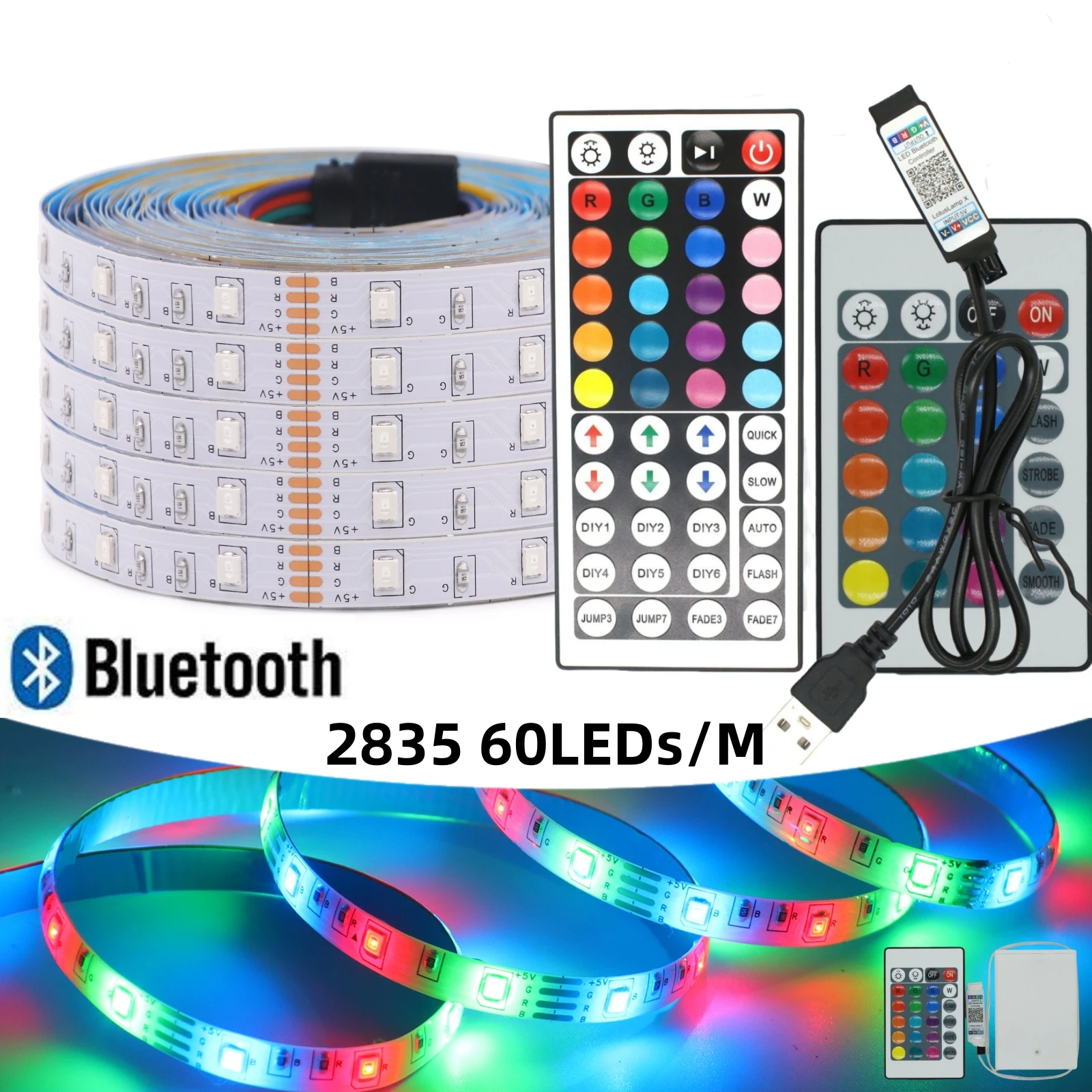 

5V USB Battery Power 2835 RGB LED Strip Light 60LEDs/M Smart Bluetooth Flexible Ribbon TV Desktop Screen BackLight Diode Tape