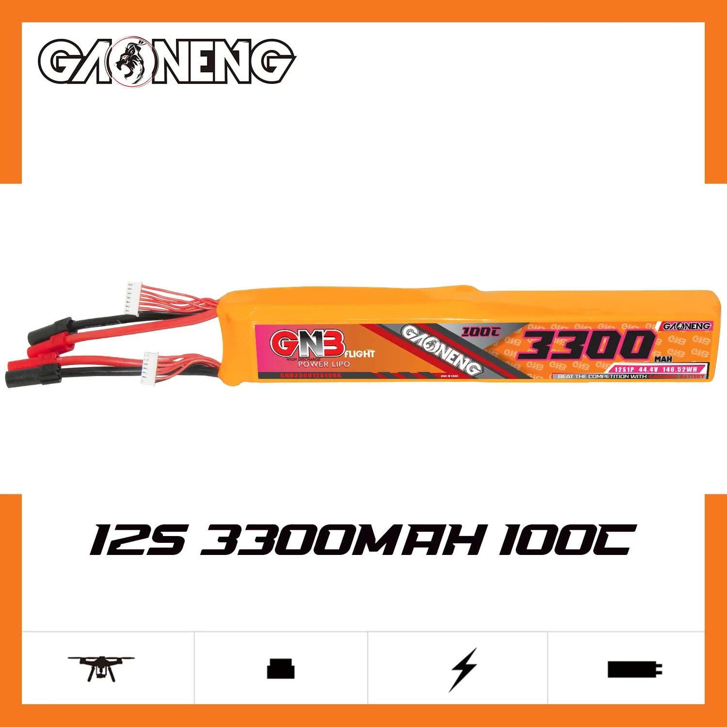 

GAONENG GNB 3300mAh 12S 100C 200C 44.4V XT150 LiPo Battery 500 to 600 Class Electric Helicopter