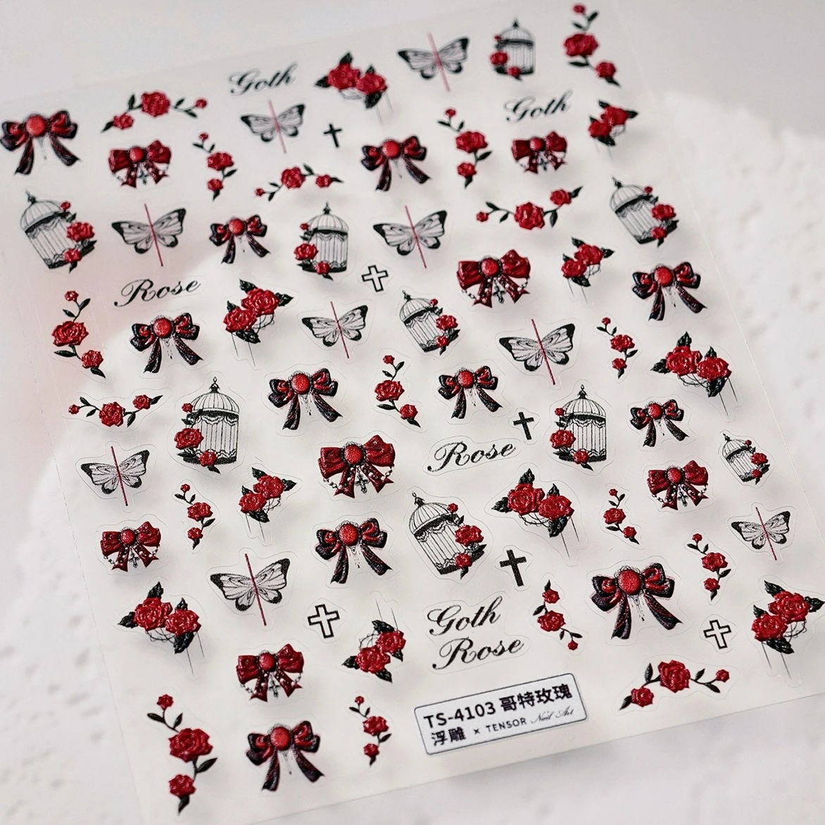 Gothic Red Rose ดอกไม้ CROSS ผีเสื้อ Birdcage Bowknot Dark ที่ละเอียดอ่อน Self กาวเล็บสติ๊กเกอร์เล็บ Decals ขายส่ง