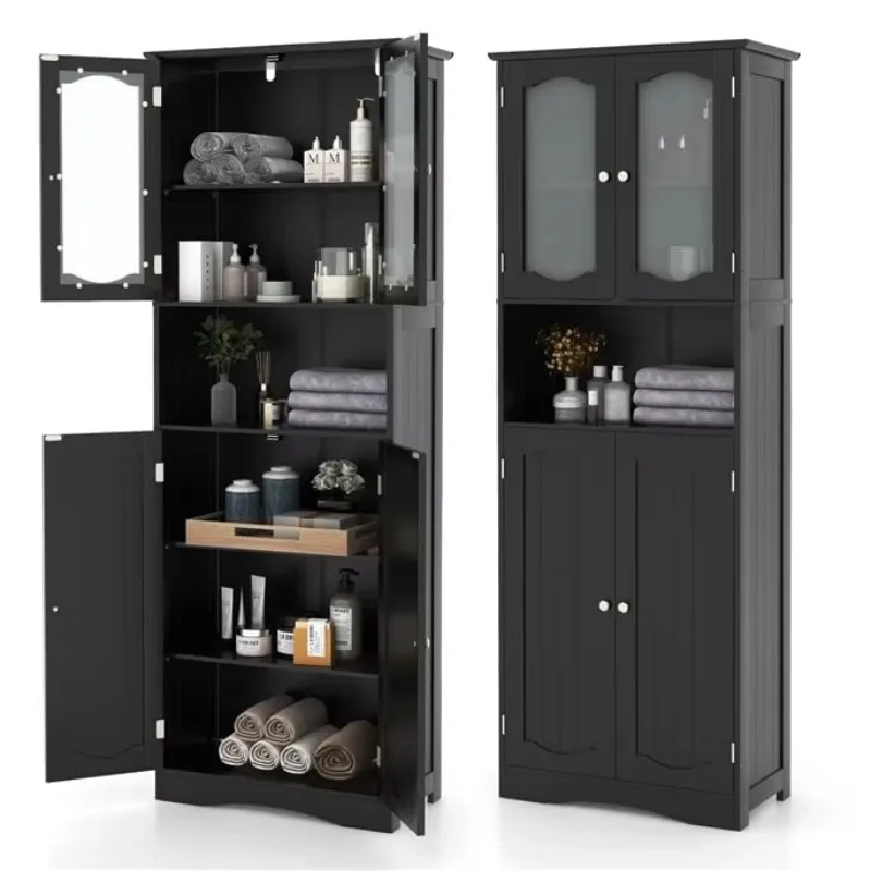 

Tall Cabinet Adjustable Shelves Frosted Glass Doors Anti-Tip Floor Cupboard Bathroom Dining Living Room Black Customized