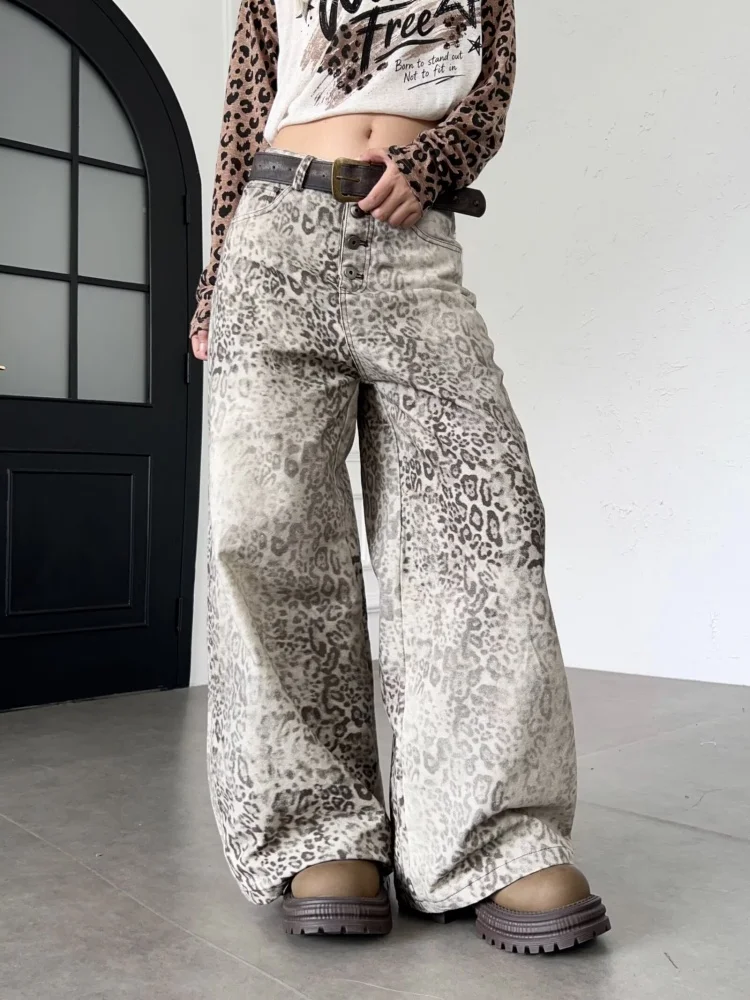 2026 American Retro Y2K Style Washed Leopard Patchwork Baggy Women's Jeans Pants For Woman Clothing Straight Loose Long Trousers