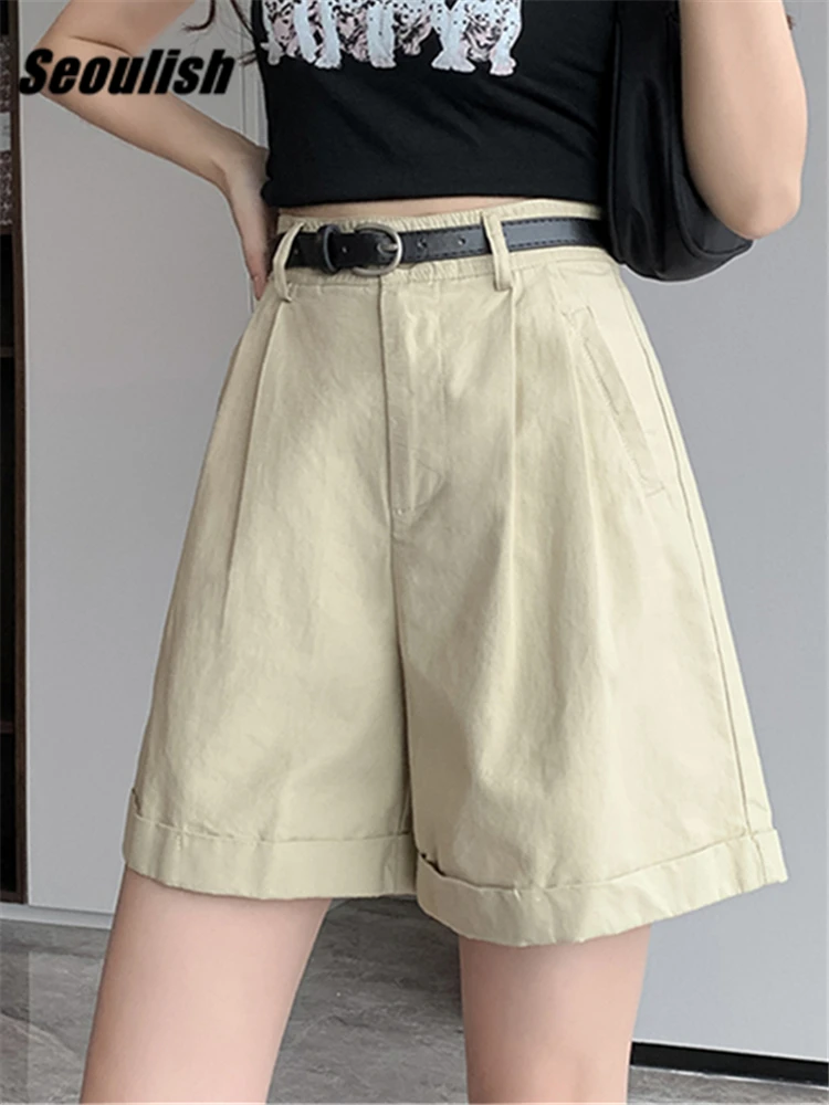 

Seoulish Summer Cotton Women's Cargo Shorts with Belted 2022 New High Waist Wide Leg Shorts Vintage Female Trousers Pockets