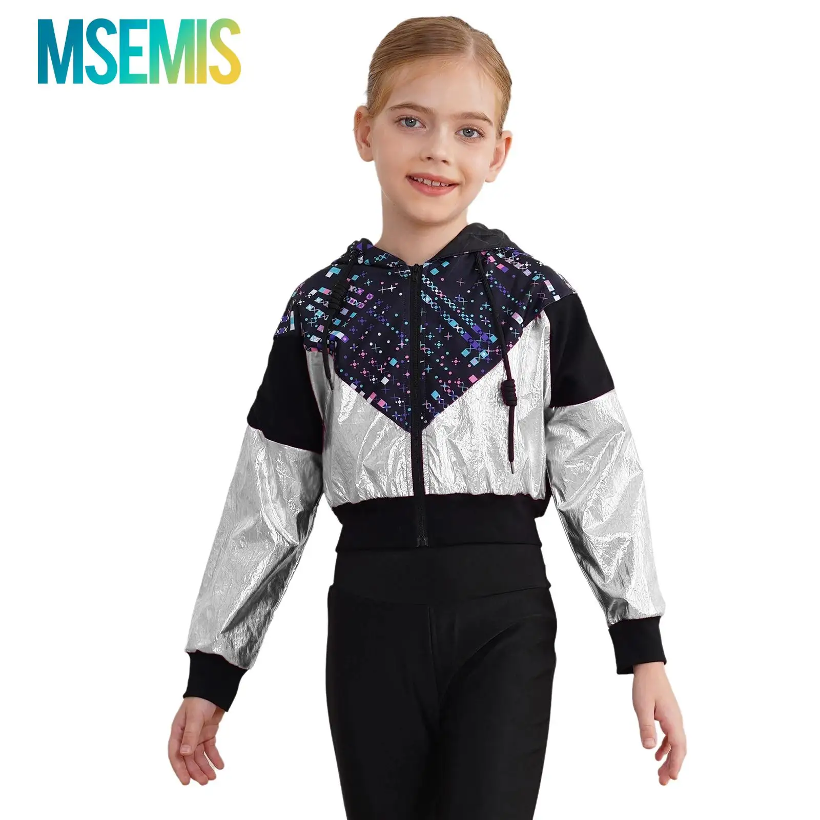 

Модная короткая куртка с принтом для девочек, повседневное пальто, топы с капюшоном, куртка на молнии с длинными рукавами, верхняя одежда, костюм для джазовых танцев