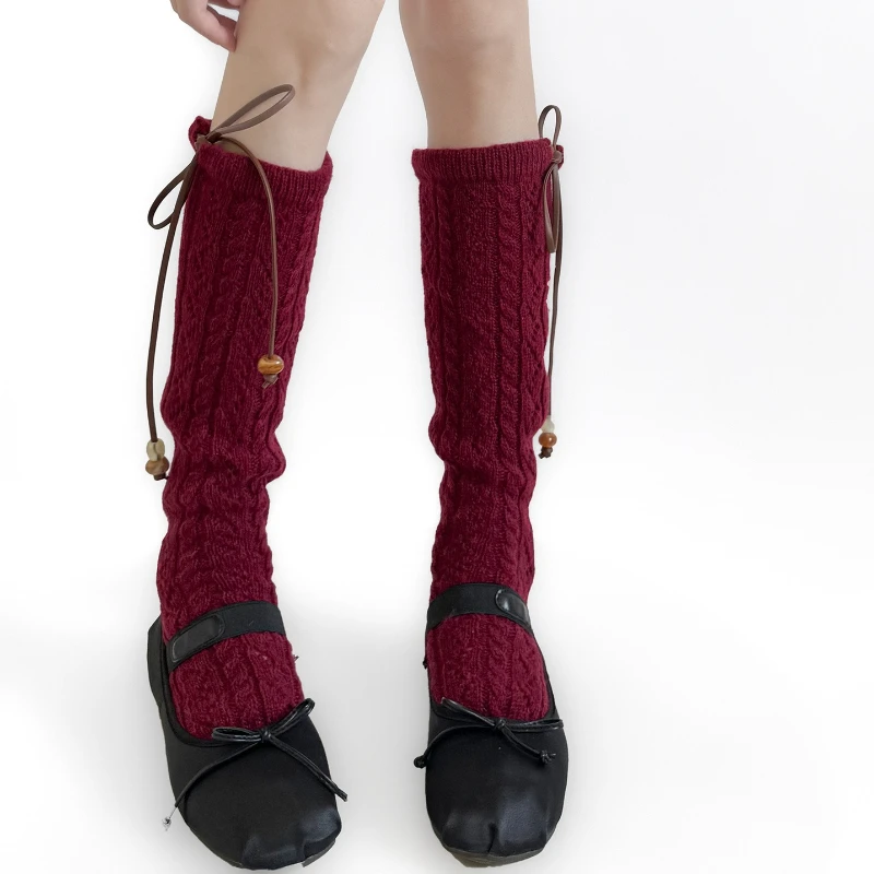 30% 울 송아지 양말 스타킹 여성용 가을 겨울 따뜻한 무릎 양말 니트 트위스트 스트랩 중간 길이 양말 스타킹