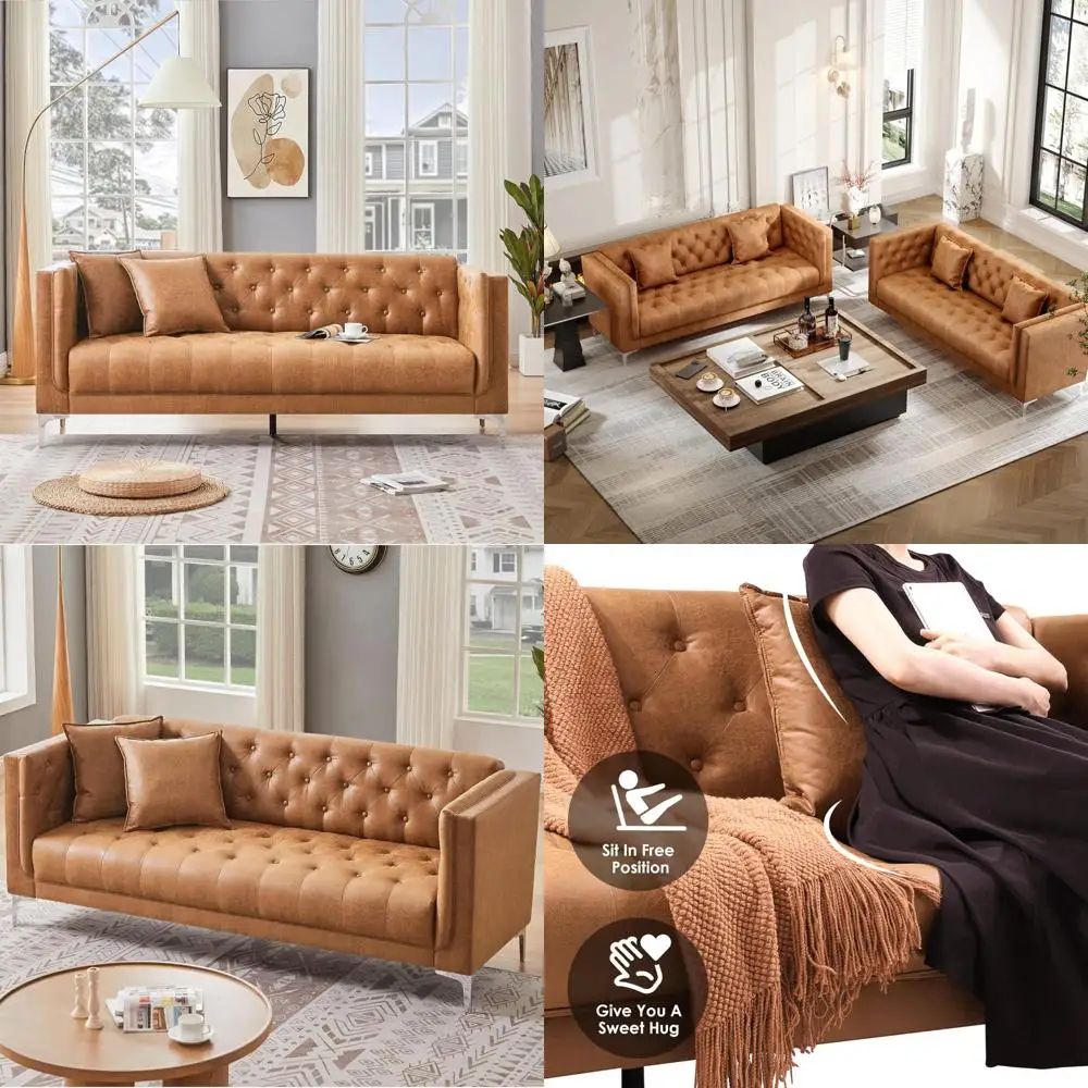 

brown faux leather 79" wide sofa with 2 pillows, 3-seat living room couch, handcrafted button-tufted cushions, metal accents