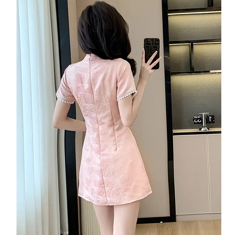 Summer Two-piece Set For Women Cheongsam Dress Tops And Shorts Female Large Size Slim Polyester Loose Pink White Matching Suits