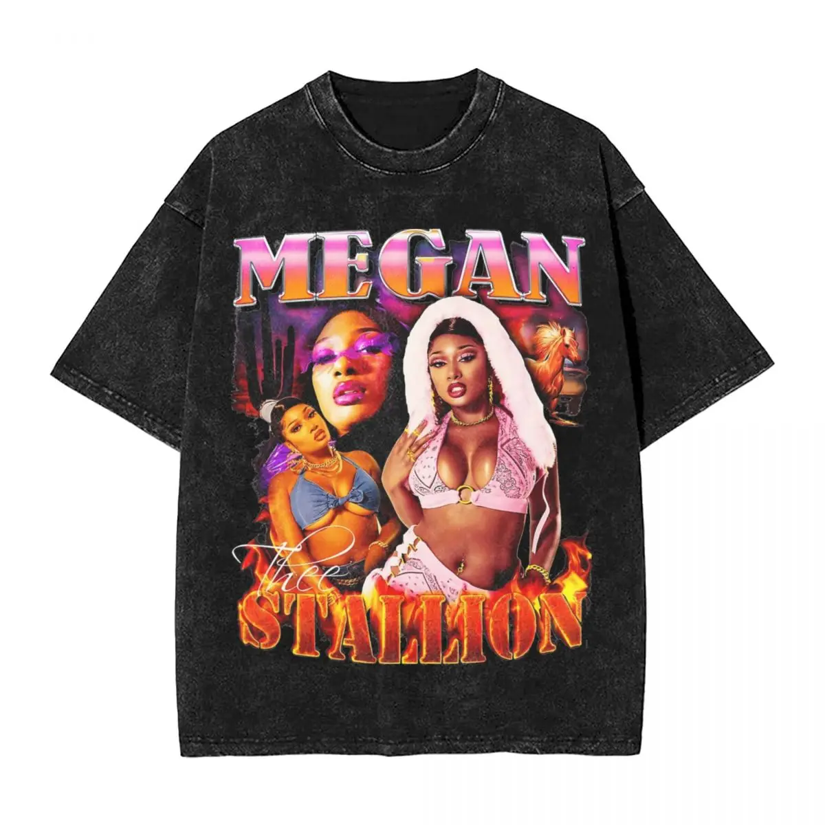 Rapper Megan Thee Stallion T Shirt Washed 100% Cotton Harajuku T-Shirt Music for Men Women Tops Streetwear Graphic Tops Tees