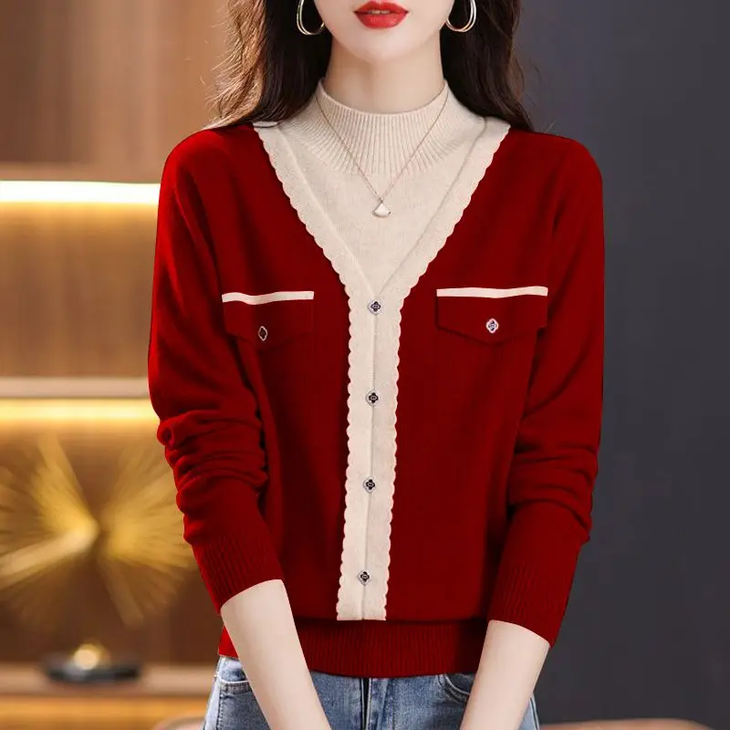 Sweater wanita dua potong palsu kerah tinggi, pakaian wanita rajut, atasan rajutan, warna kontras semua-cocok, Sweater palsu, kerah setengah tinggi, untuk musim gugur dan musim dingin