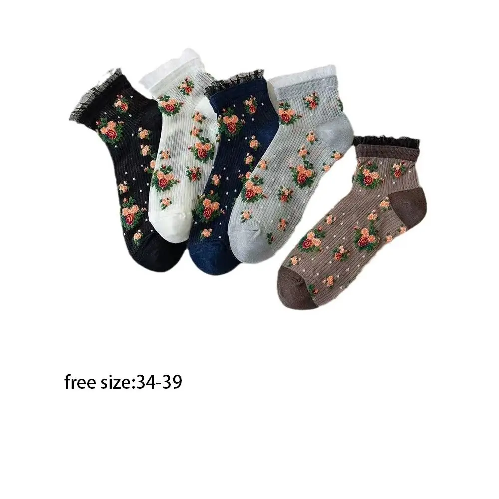 Calcetines de algodón con bordado Floral de alta calidad para mujer, calcetines informales transpirables con volantes de encaje Lolita, calcetines deportivos cómodos de algodón