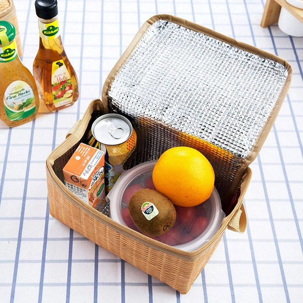 Mini Wicker Rattan Outdoor Picnic Bag Waterproof Tableware Insulated Thermal Cooler Food Container Basket for Camping Picnic