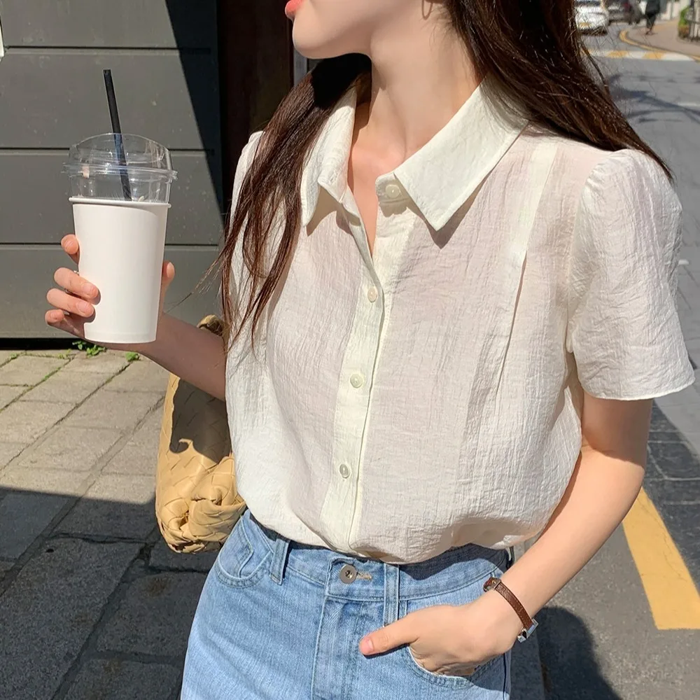 

Chic Summer Women's Neck Short Sleeve Bubble Hem Texture Sensation Shirts Korean Style Loose Fit Polyester Fiber