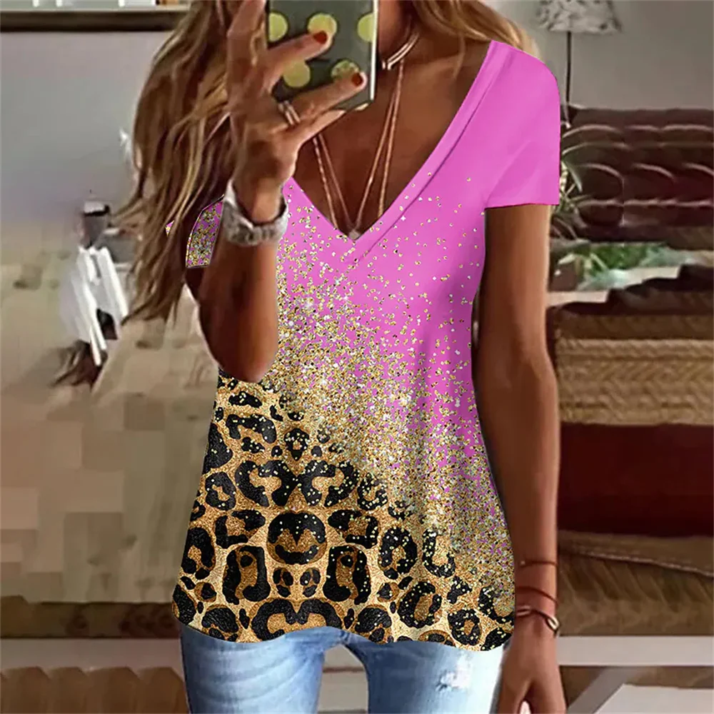 Fashion Leopard 3D Print T-shirt Women Y2k Tops Streetwear Harajuku Short Sleeve T Shirts V-Neck Tees Female Oversized Clothing image 4