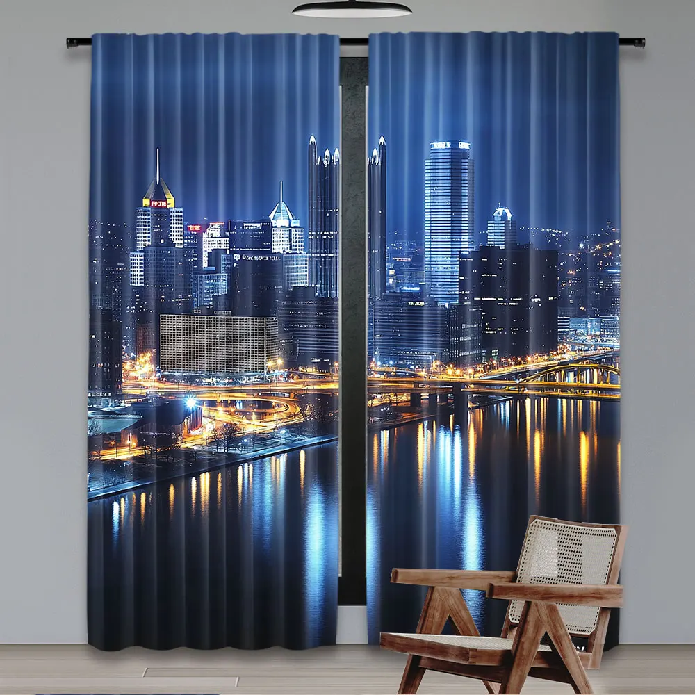 2Pcs Cityscape Curtain Skyscrapers Downtown Pittsburgh American Night Skyline Business Town Scenery For Bedroom Living Room