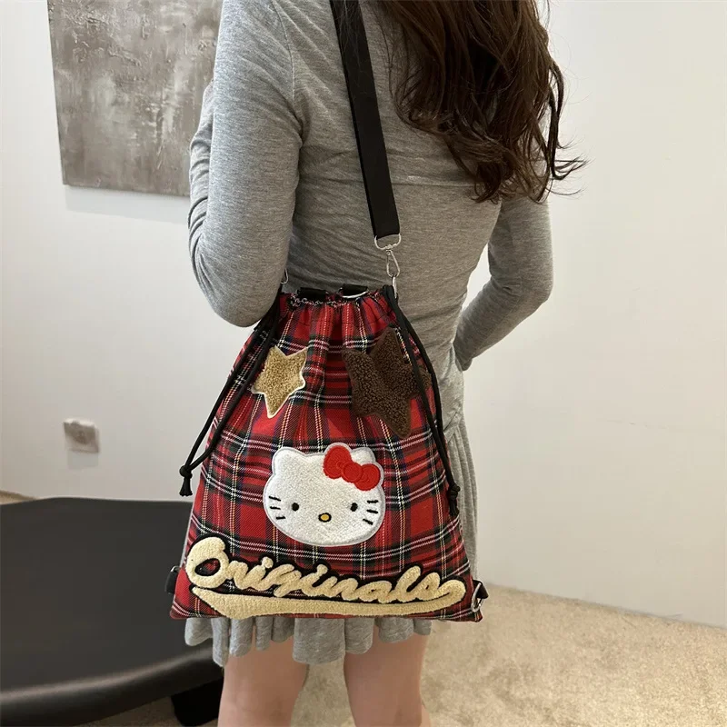 Sanrio Hello Kitty Convertible Backpack Cute Retro Red Checkered Single Shoulder Bags Y2K Canvas Multi Functional Shoulder Bags