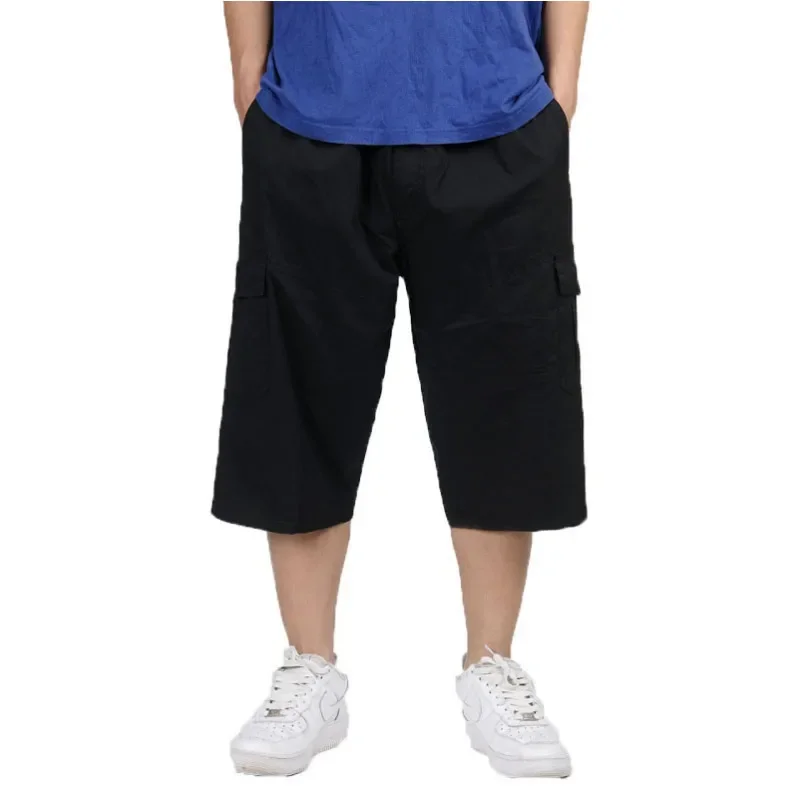 LIBIELIY 2025 Men Summer Multi-Pocket Baggy Cargo Cotton Calf Length Pants Casual Trouser Male Large Solid Color Shorts Plus Siz