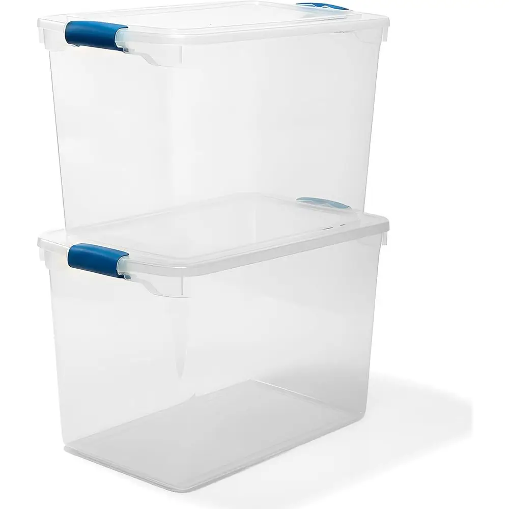 

2-Pack Latching Lid, Clear Plastic Storage Organizer Bins, 112 Quart, Blue Latch - Stackable Organizing Containers for Home, Gar