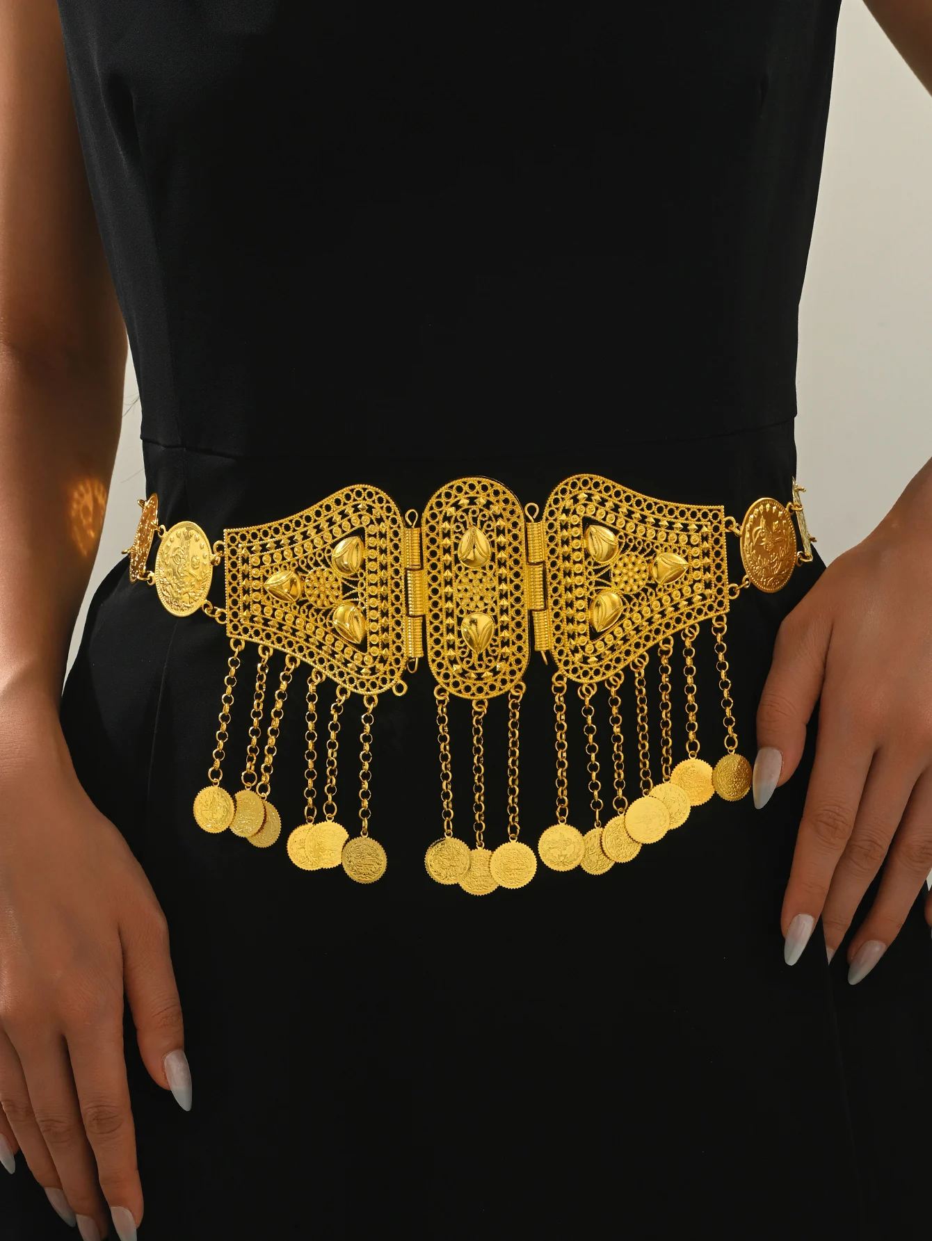 حزام من خليط معدني مجوف مع شرابات متدفقة وزخارف للعملات المعدنية - حزام زفاف متعدد الاستخدامات #5