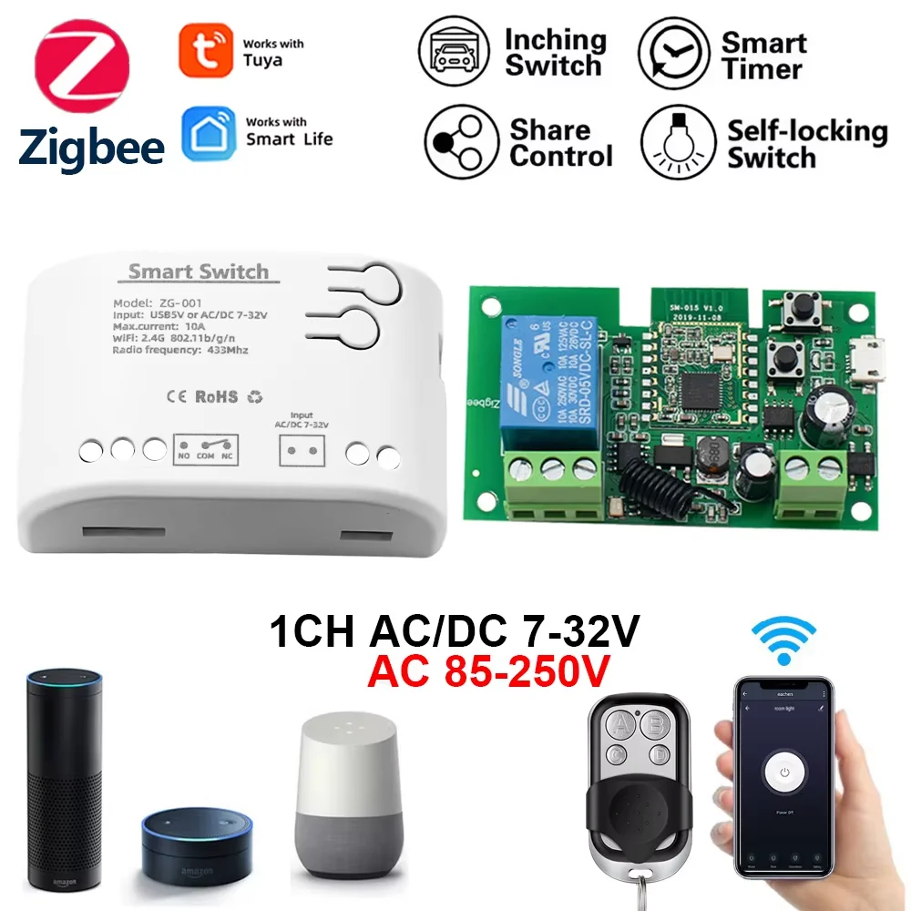 

Смарт-реле Zigbee Tuya, 1-канальный модуль переключателя, переменный/постоянный ток, 7-32 В, USB, 5 В, RF/APP, дистанционное управление, для умного дома, работает с Alexa