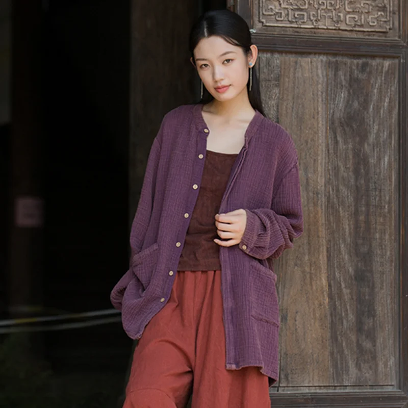 

Women Loose Shirt Summer Autumn r Retro Casual Flax Tops Ladies Vintage Blouse Tops Outer Garment Woman Jacket