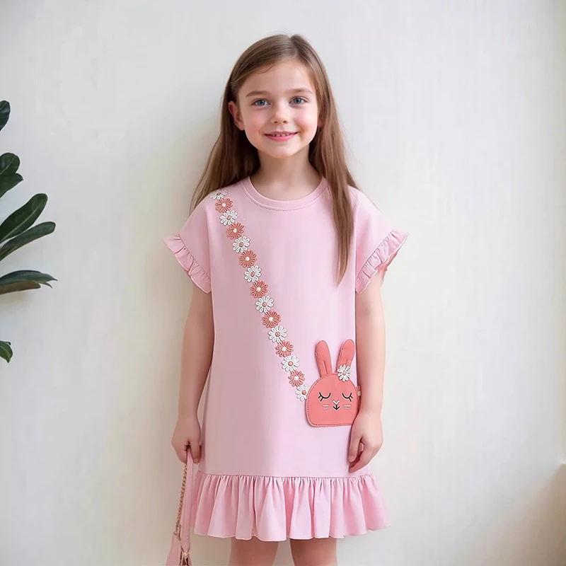 Little Maven Sommerkleid für Mädchen, lässig, Sommer, neue Tier-Rabbit-Rucksack-Applikationen, Kleider für Kinder, Urlaubskleider, Vestidos