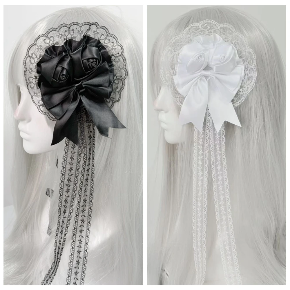 여자 클래식 로리타 스타일 레이스 보우 로즈 머리핀 꽃 파티 머리띠 코스프레 파티 우아한 머리 장식 액세서리 애니메이션