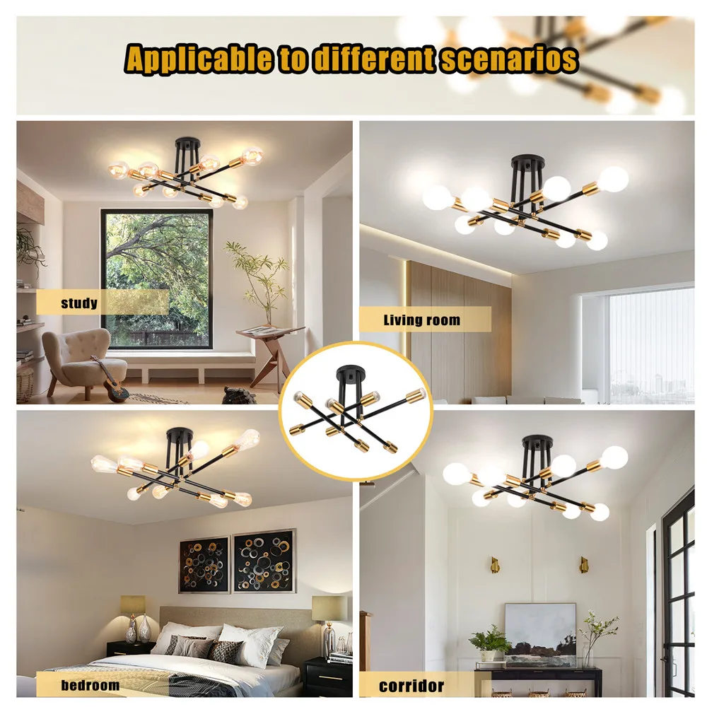 Modern Chandeliers 4 Branches 8 Light Bulbs Semi-embedded Ceiling Lamp Brushed Antique Gold Lighting Nordic Home Decoration