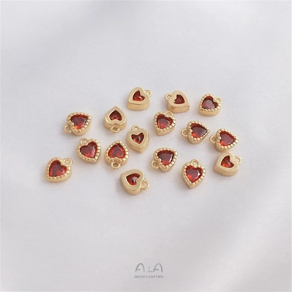 

14K Gold Color Preservation Inlaid with Large Red Zircon Peach Heart Pendant Handmade Diy Bracelet Earrings Small Love Pendant
