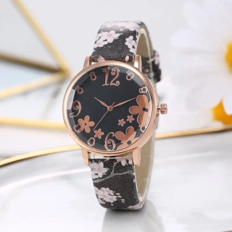 Relógios femininos com cinto impresso de flores coloridas, relógios de pulso de quartzo para meninas, relógios para senhoras, relógio casual