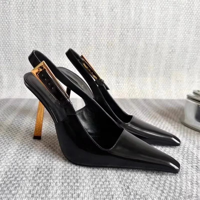 Sexy patent leather high heels women 2024 pure gold new pointy skinny heel shoes vintage senior sense Baotou women's shoes