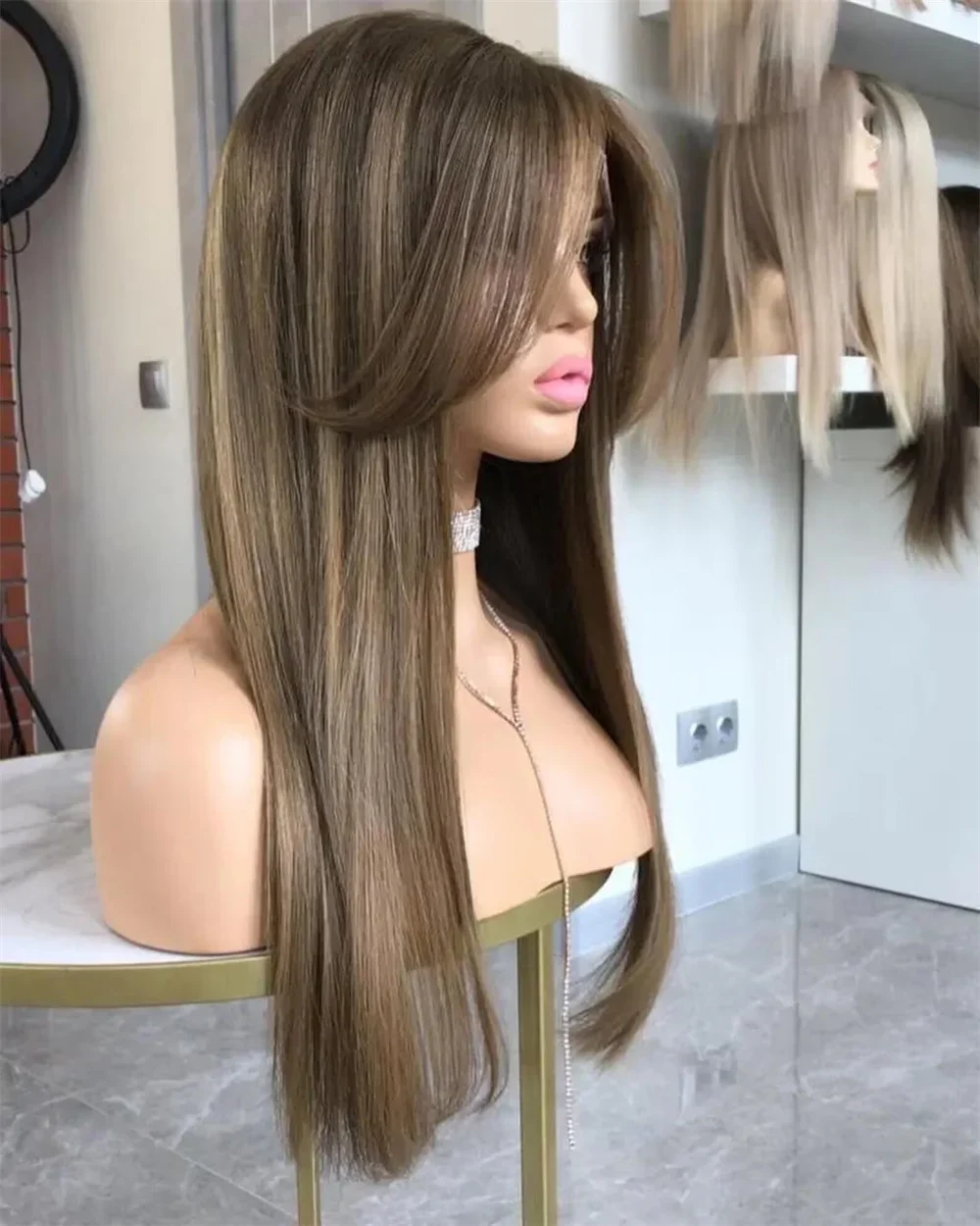 Ombre Blond Brown Soft Long 26\'\' Straight Natural 5x5 Silk Base Jewish Human Hair Wig Baby Hair HD Lace European Hair Preplucked