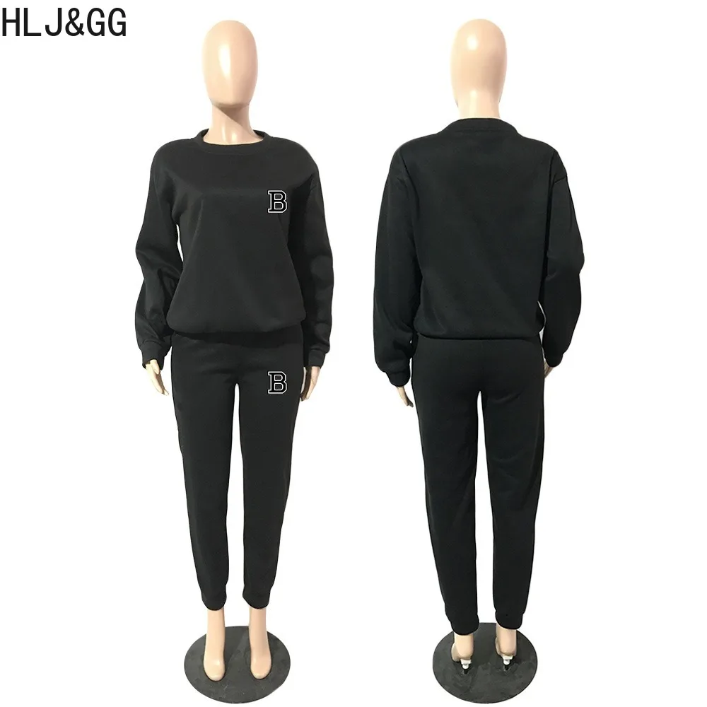 HLJ&GG Casual Letter Print Two Piece Sets Women Round Neck Long Sleeve Pullover And Jogger Pants Tracksuits Female 2pcs Outfits