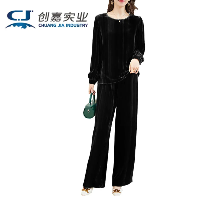 

Шелковый бархатный женский костюм: футболка с длинным рукавом и круглым вырезом, длинные брюки, 2 предмета, весна-осень, мягкий, гладкий и комфортный.