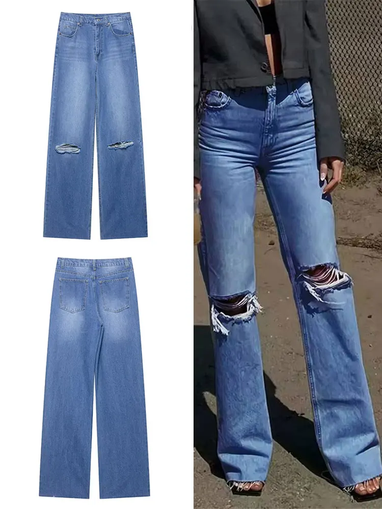 

HH Women Fashion Knee Hole Jeans High Waist Zipper Wide Leg Denim Pants Vintage Y2k High Street Lady Trousers Ripped Jeans