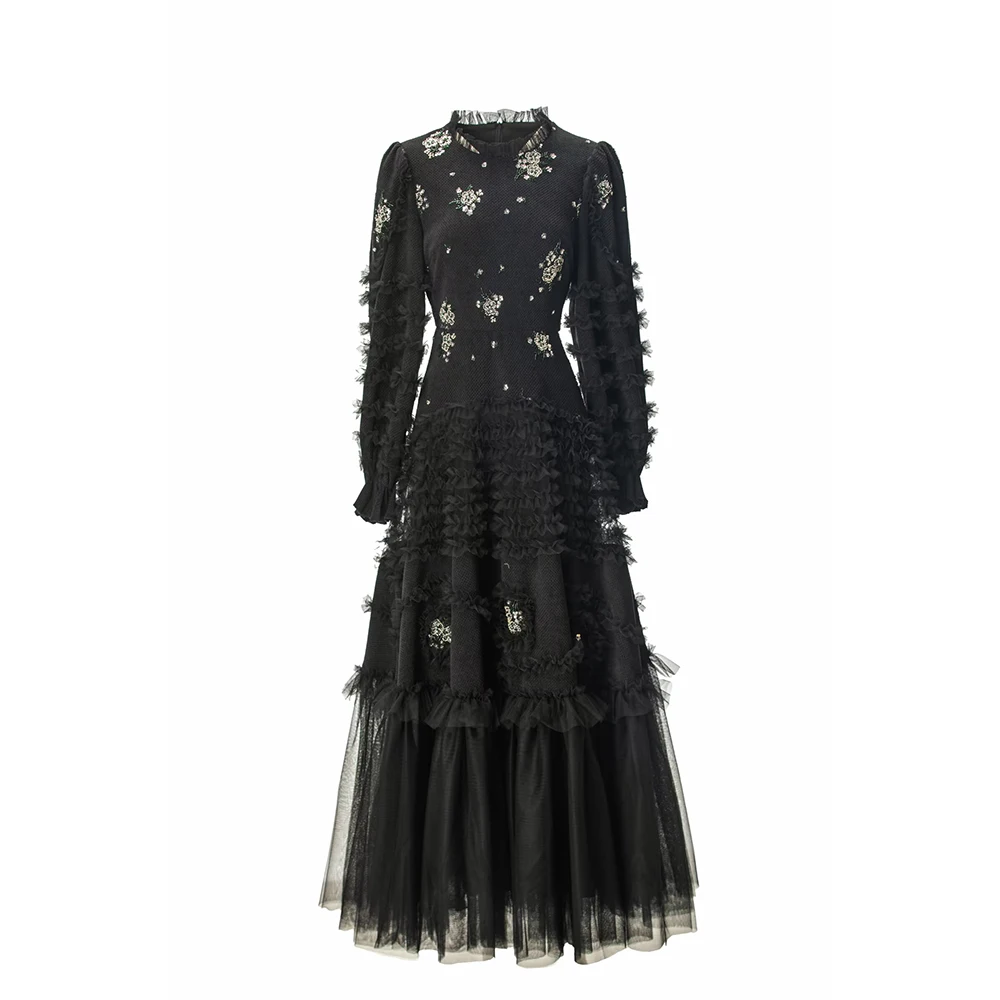 

Meyyithun Women's Dress Runway Autumn Stand collar Long sleeve Black Mesh Embroidery Vintage Long Dresses Prom Dress