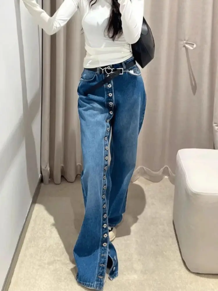 

American Retro Streetwear Mutil Buttons Vintage Jeans Women High Waist Straight Denim Trousers High Street Y2K Wide Leg Pants