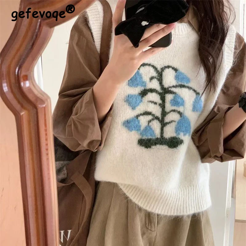 Women's Korean Preppy Style Flower Chic Sweet Knitted Sweater Vest Y2K Vintage Simple Casual Harajuku Sleeveless Loose Waistcoat