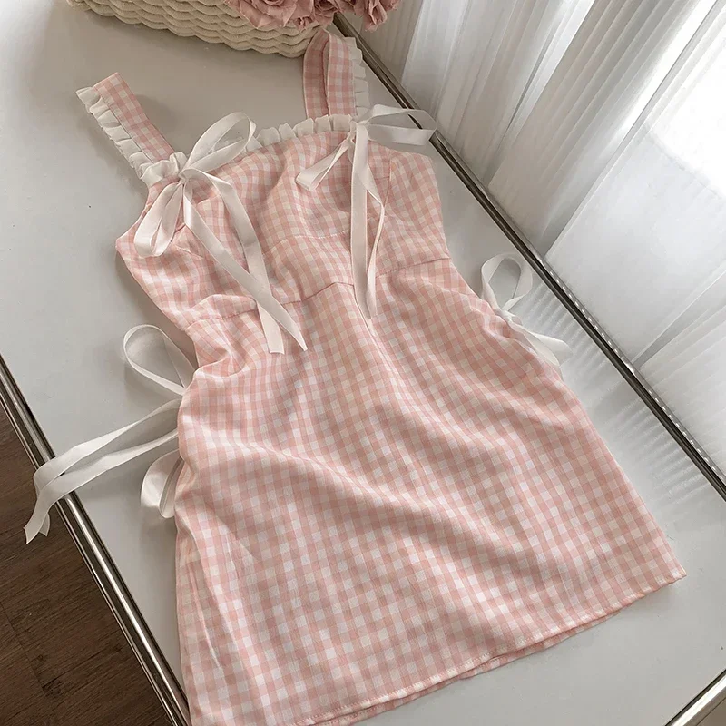 Summer Women Pink Plaid A-line Mini Dress Y2k Vintage Elegant Bow Dresses Off Shoulder Sleeveless One Piece Frocks 2000s Clothes