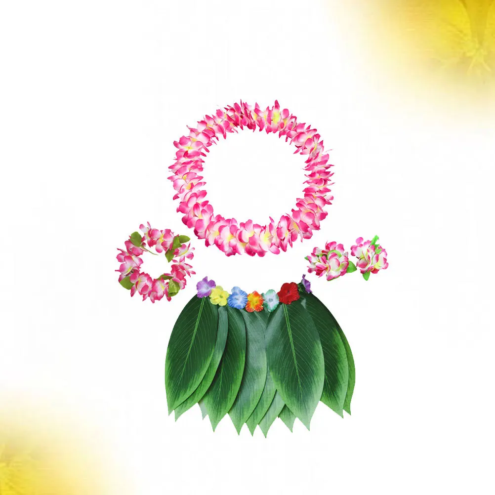 

5Pcs Children Floral Garland Skirt Set Pink Hawaiian Garland Lifelike Artificial Leaf Bracelet Headband Wreath for Luau Party