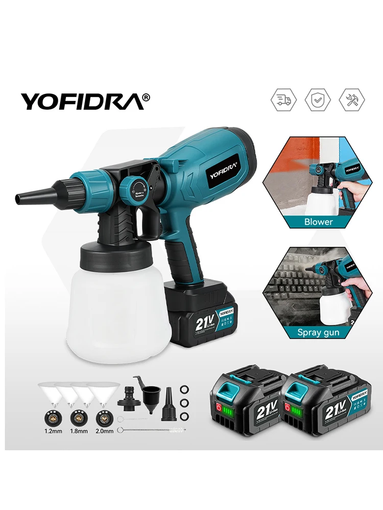 YOFIDRA 1000ML Elektrische Spritzpistole 66000RPM Farbsprühgerät Auto Möbel Stahlbeschichtung Airbrush-Werkzeug für Makita 21V Akku