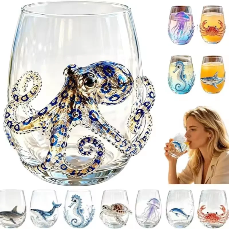 3D Blau umrandeter Oktopus-Glasbecher, origineller Ozean-Oktopus-Trinkbecher, handgefertigtes Meerestier-Weinglas für Küstenhausdekoration, Geschenk