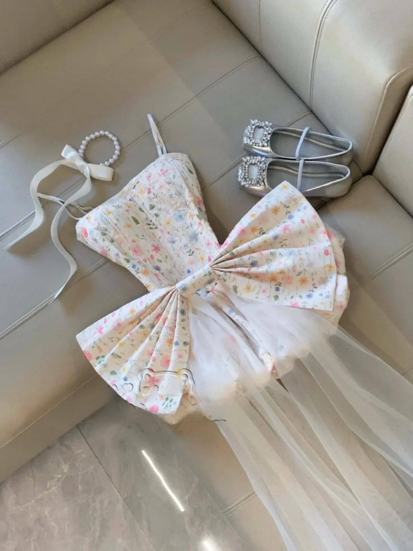 

Fashionable Floral Skirt And Shorts Set with Large Bow Tie Mesh Print Women's Clothing High Waist Princess Style Summer Outfit