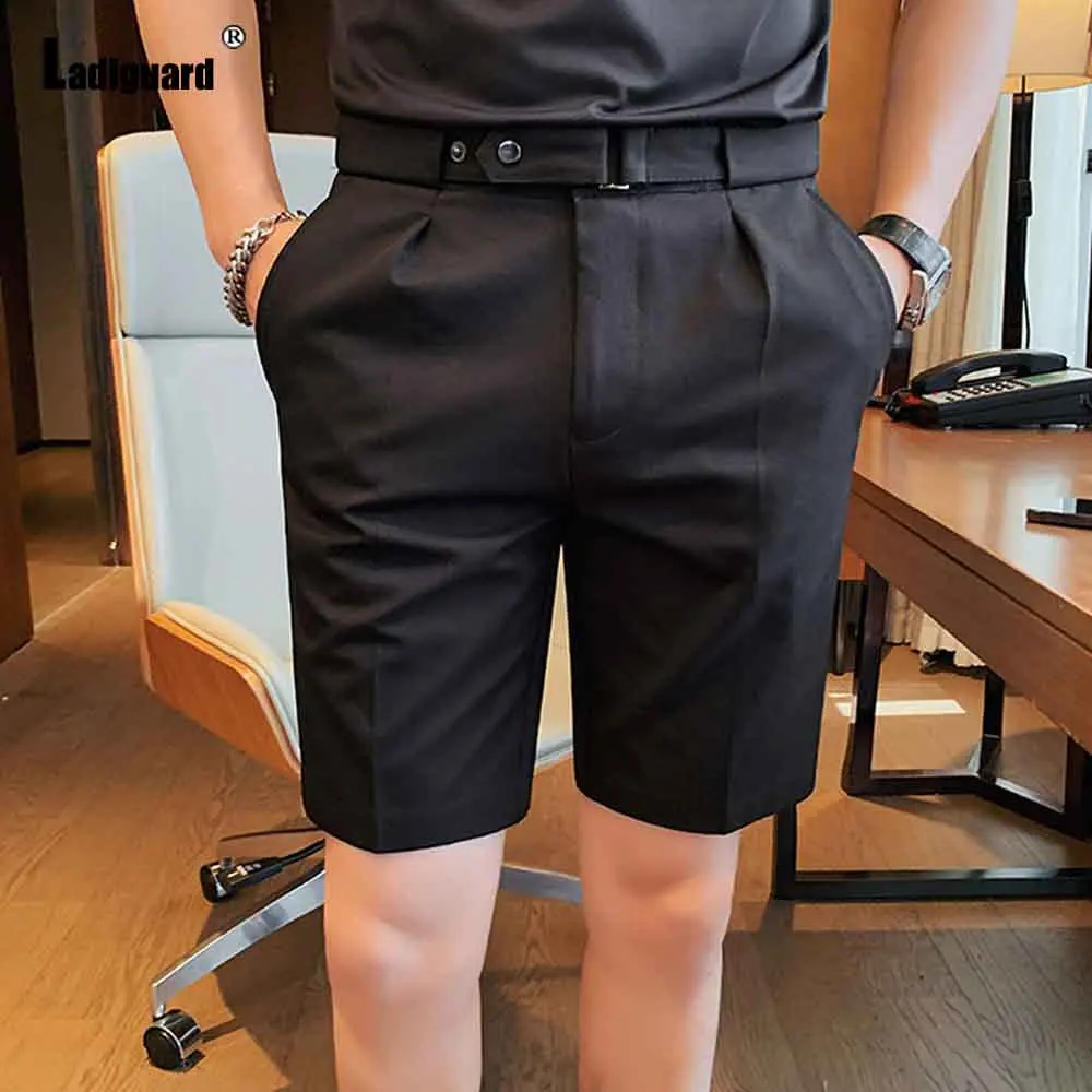 2025 Men's Stand Pocket Casual Suit Shorts Male Elegant Business Party Short Pants Solid Brown White Naples Button Up Shorts New