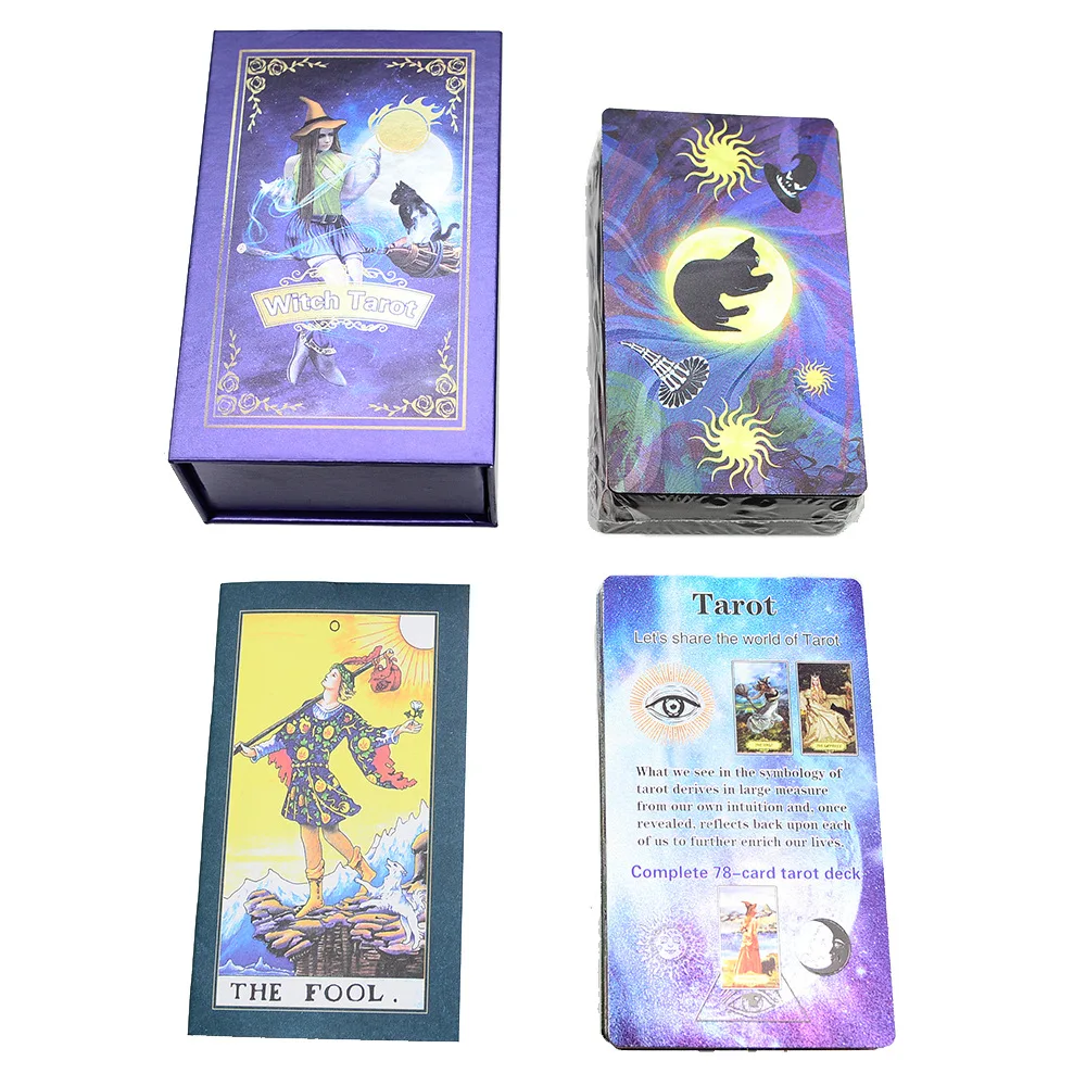 Gold Foil Witch Tarot Cards with Guide Book English Waterproof Card Game Poker Divination Emotional Interactive Board Game