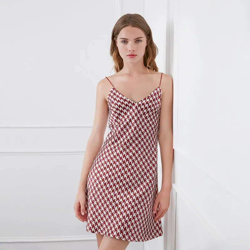 Houndstooth Print 100% Natural Silk Short Sleep Dress Women's Sexy V-Neck Camisole Nightgown Satin Pajamas Chemise Loungewear